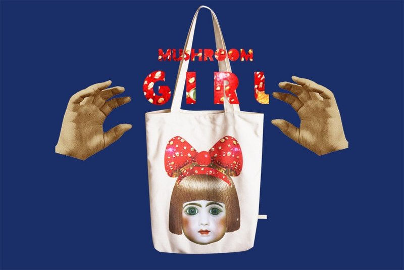 LilyLily原创复古潮女蘑菇娃娃趣味帆布提单休闲包购物杂物袋 - 侧背包/斜挎包 - 纸 白色