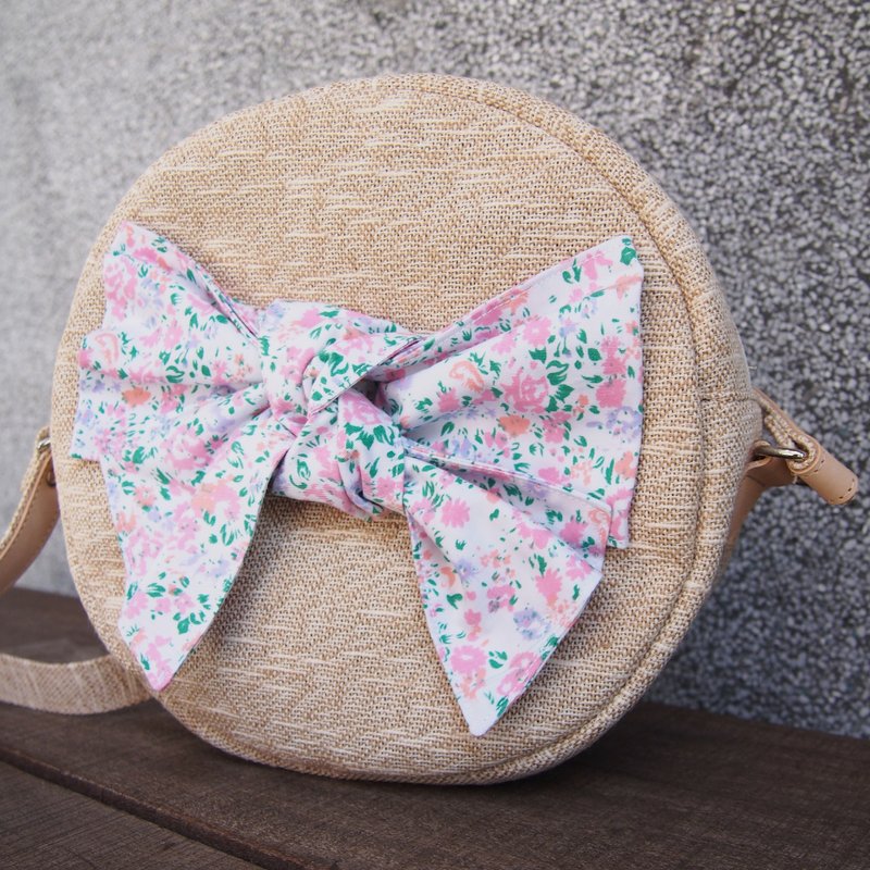 小碎花蝴蝶结小圆肩包/斜背包 - 侧背包/斜挎包 - 其他材质 卡其色