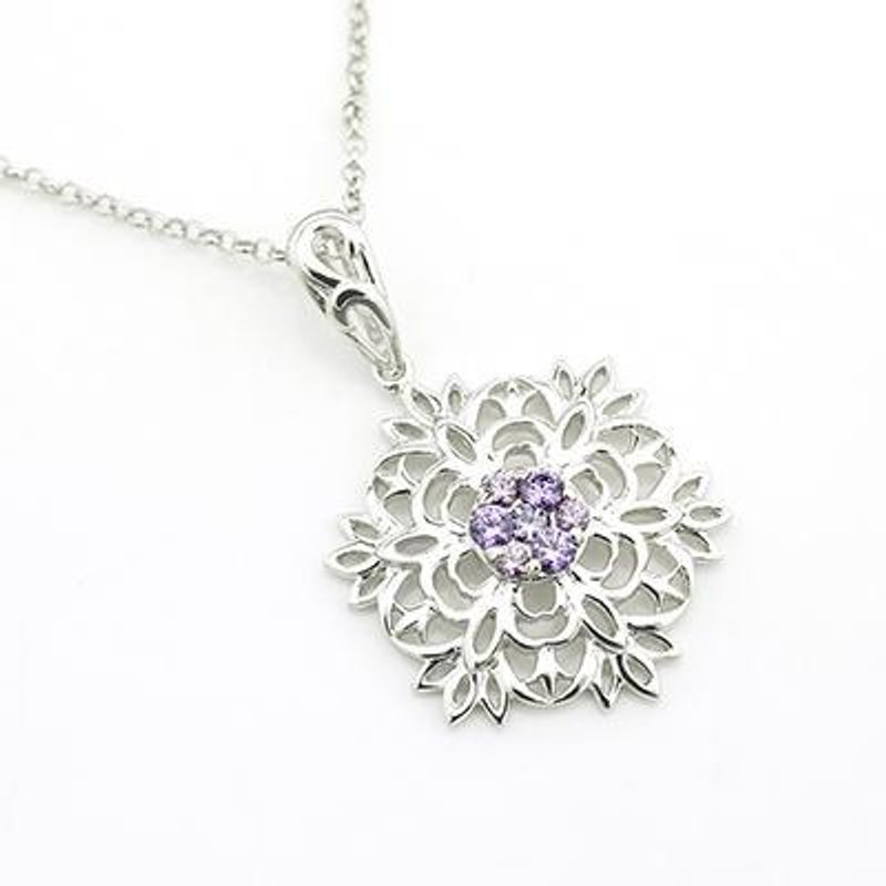 香港设计 925 纯银紫色CZ石雪花项链 (22') 经典简约 雪花 - 项链 - 其他金属 紫色