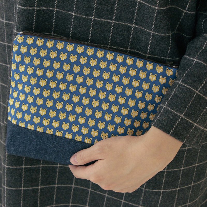 浓眉・宝蓝狐狸//拼接//日制牛仔布・中化妆包/杂物包 - 化妆包/杂物包 - 棉．麻 蓝色