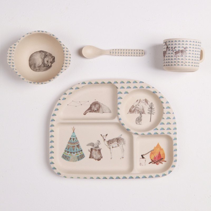 蓝色森林宴会 Yum Yum 环保无毒竹制餐具baby组-4件组 <love mae> - 浅碟/小碟子 - 竹 蓝色