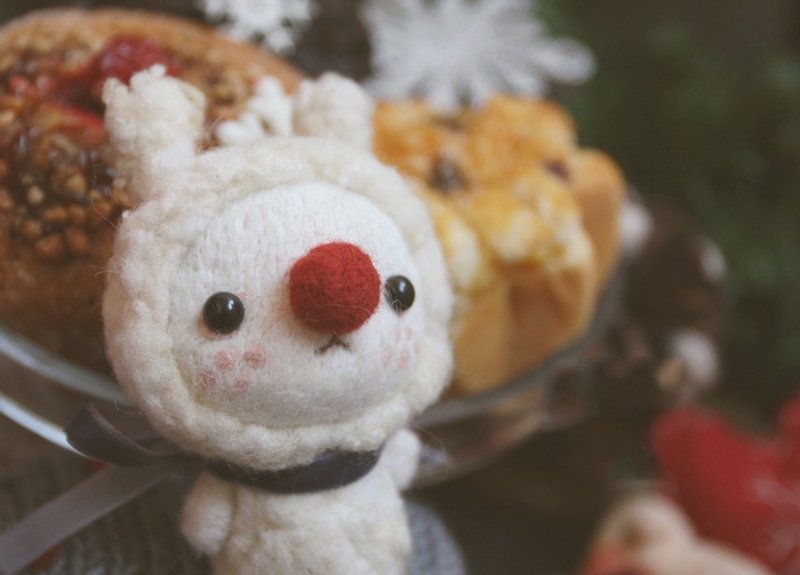 冬季圣诞森林红鼻子雪人羊毛毡娃娃 - 玩偶/公仔 - 羊毛 白色