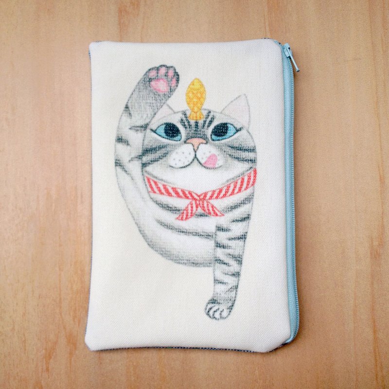 【贪吃猫】の收纳包。笔袋。化妆包。小物收纳 - 蓝系 - 化妆包/杂物包 - 其他材质 灰色