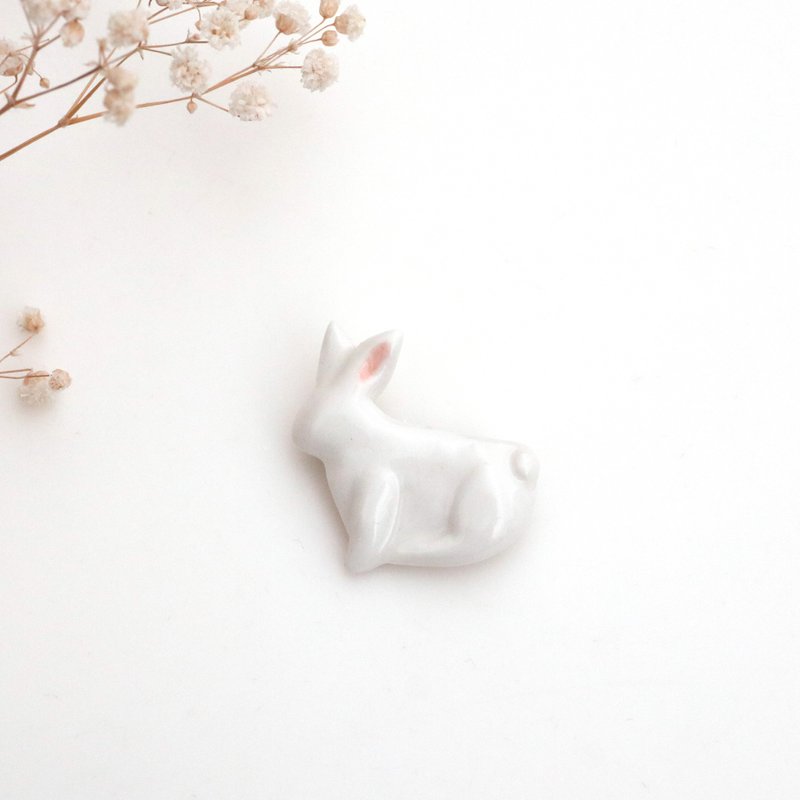 磁器 兔子 胸针 别针 - 胸针 - 瓷 白色