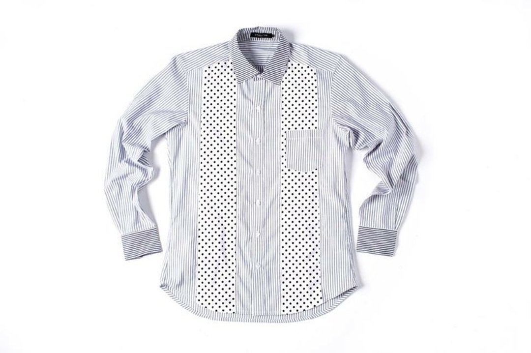 Stone'As Dot Pattern & Straight Shirt / 条纹 点点 拼接 衬衫 - 男装衬衫 - 棉 灰色