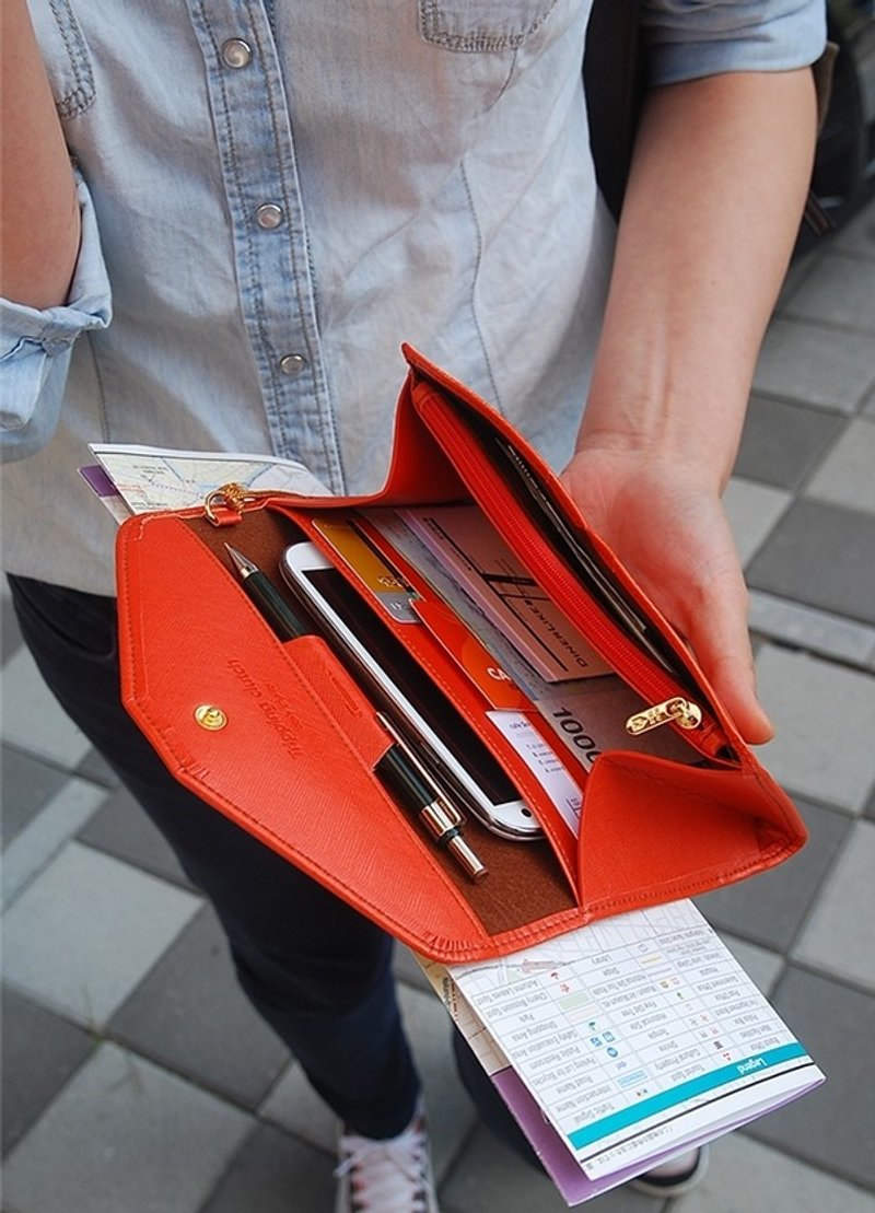 【牛一水佘】韩国Play obje Tripping Clutch ver.2 皮革 多功能收纳 钱包 手机包 护照包 - deep orange - 皮夹/钱包 - 真皮 橘色