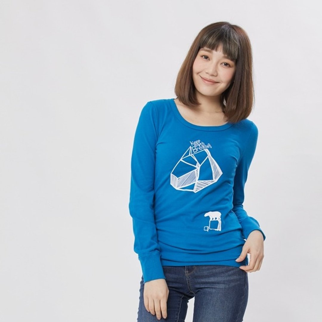 Keep earth breathing 蜜桃棉長袖女T海藍 - 女装 T 恤 - 棉．麻 蓝色
