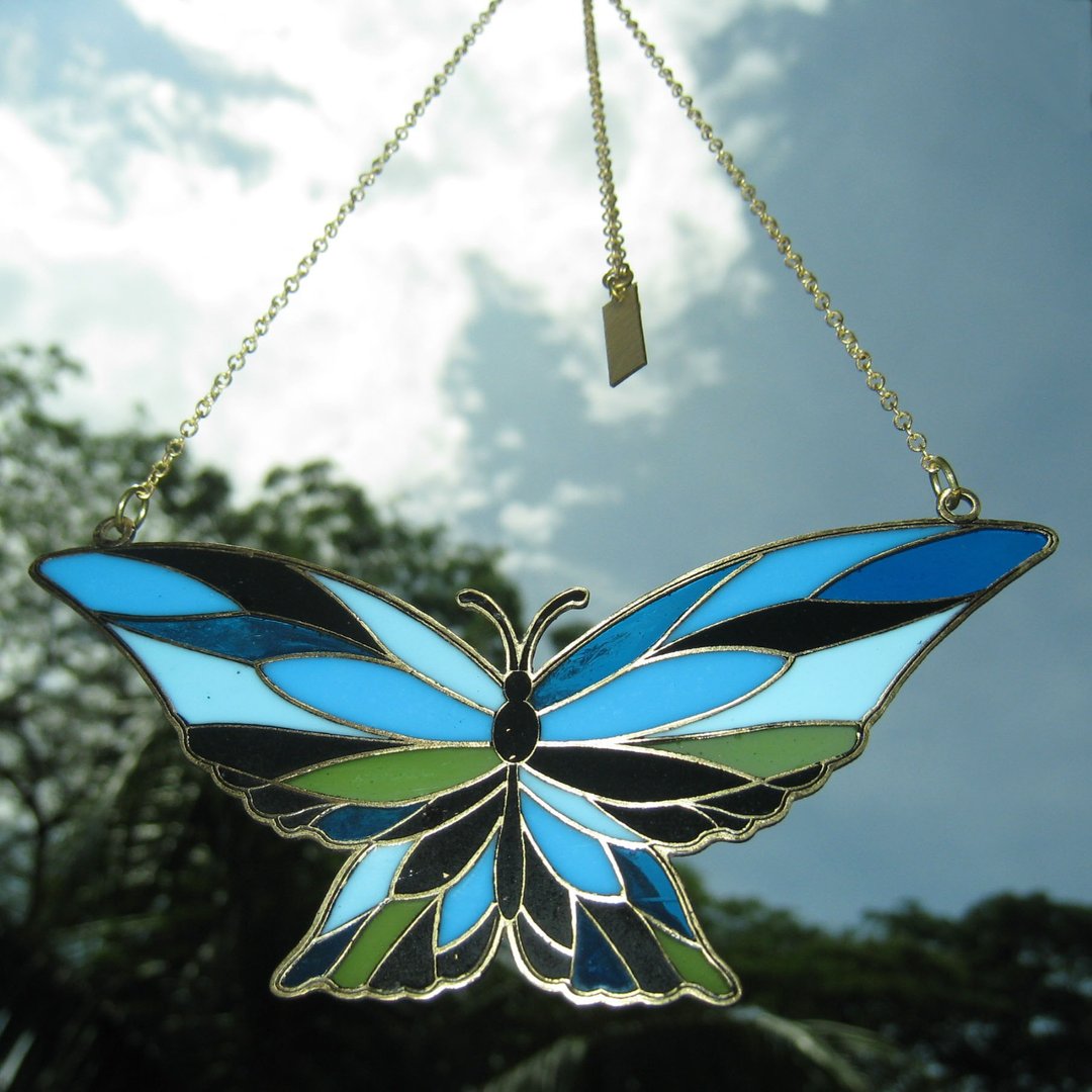 Butterfly blue stand glass necklace in brass ,Rocker jewelry ,Skull jewelry,Biker jewelry - 手链/手环 - 其他金属 
