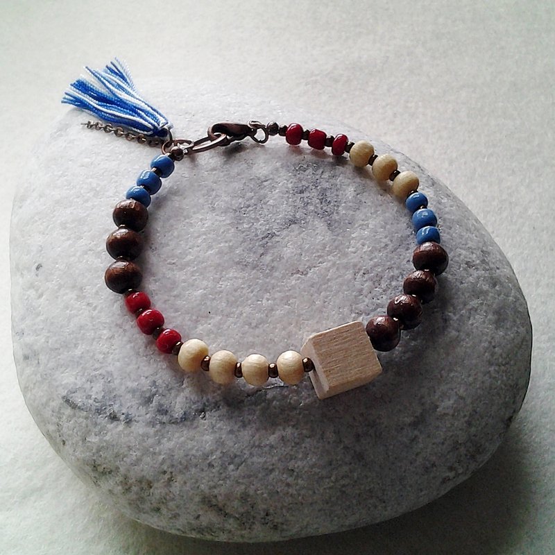 Muse 时尚民族风咖啡色方型几何原木+多彩珠手链 - 手链/手环 - 木头 咖啡色