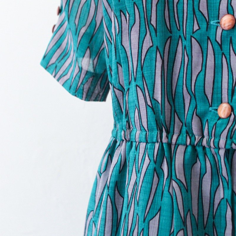 【RE0716D430】日本几何复古蓝绿咖色短袖古着洋装 - 洋装/连衣裙 - 其他材质 绿色