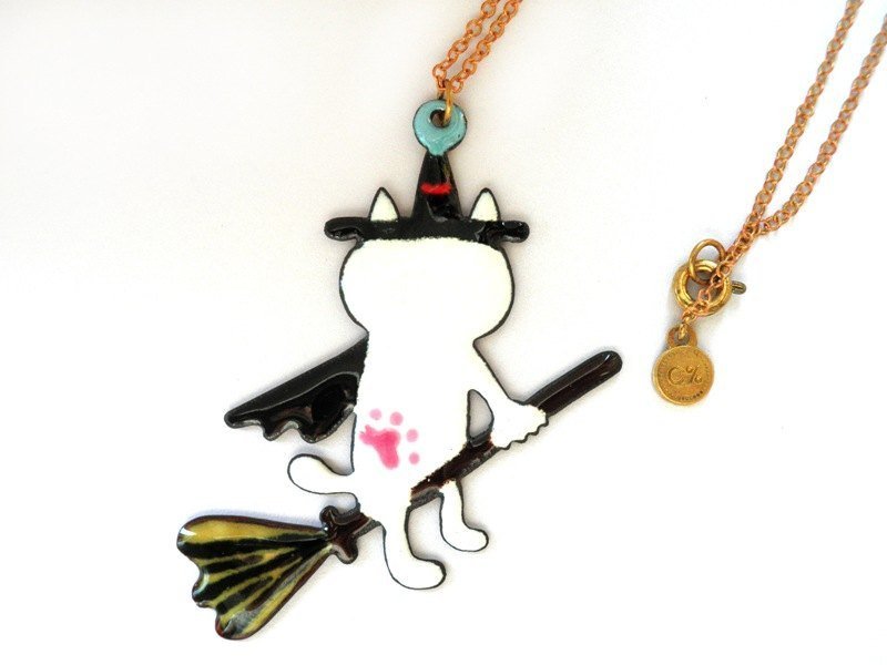 C%手工饰品      Halloween万圣节系列----Halloween猫  珐琅长项炼 - 项链 - 其他金属 白色