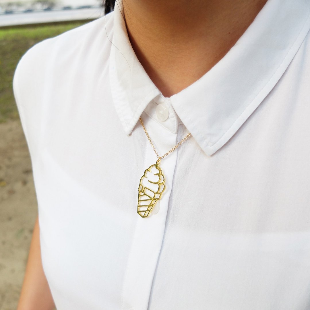 Ice Cream Necklace, Geometric necklace, Dessert jewelry, Ice cream gift - 项链 - 铜/黄铜 金色