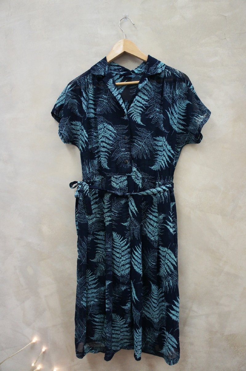 PdB 古着 热带蓝叶子印花 雪纺质腰绑带洋装 - 洋装/连衣裙 - 其他材质 蓝色