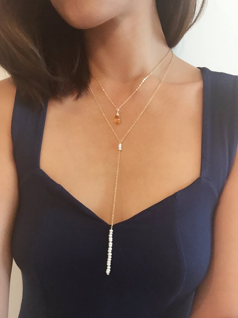 { 微微小性感 } 淡水珍珠Y字项链 // Lariat Necklace // 14K 注金 - 项链 - 其他金属 金色