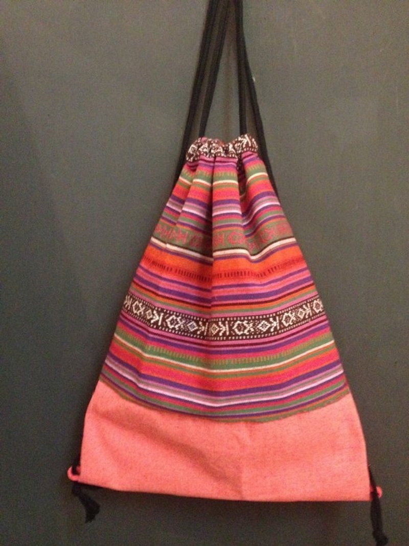 RABBIT LULU 束口袋 束口包 后背包。民俗风红拼接粉红帆布 - 其他 - 其他材质 绿色