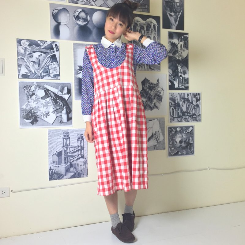 古着洋装_/ 红白吊带裙 / 纯色 / 棉料 - 洋装/连衣裙 - 棉．麻 红色