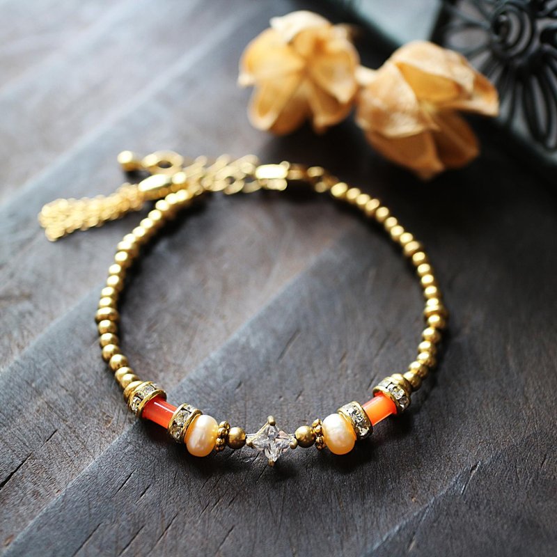 EF流金岁月NO.167粉橘色锆石珍珠猫眼石水钻黄铜手链 - 手链/手环 - 宝石 橘色