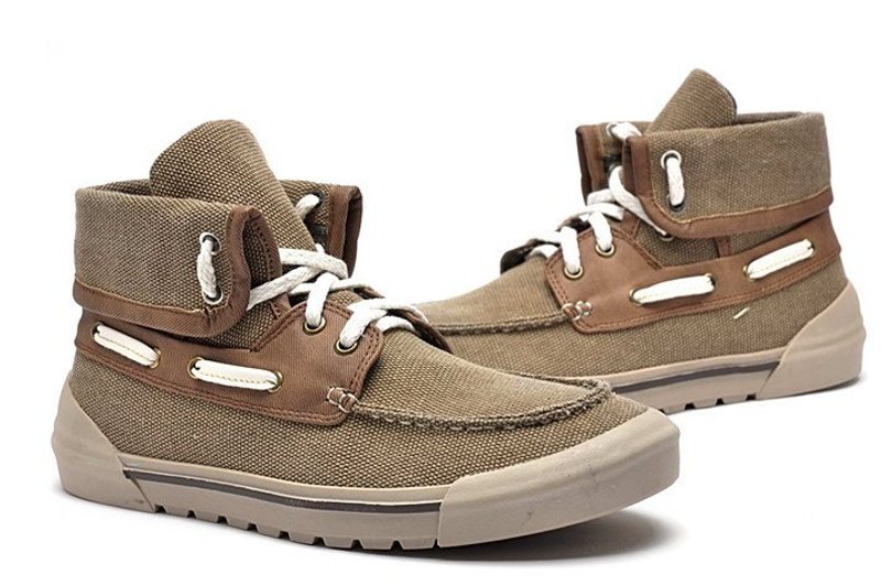 翻折两穿设计 帆布拼接帆船鞋 棕 (当日出货) - 男款休闲鞋 - 棉．麻 咖啡色