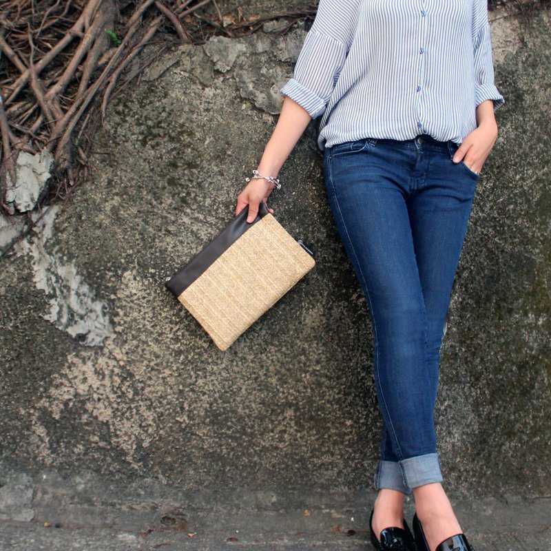 藤制皮革拉链包/手提包 iPad  (中) - 手提包/手提袋 - 真皮 卡其色