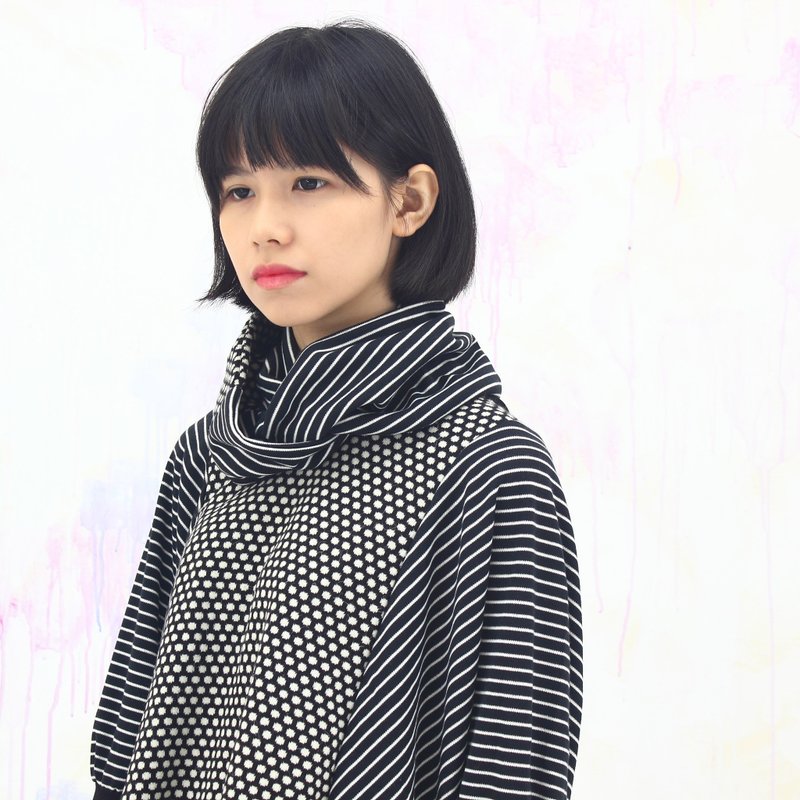 新年 礼物 ** 普普几何风 黑白圆点 条纹拼接飞鼠袖洋装上衣 /附围脖/冬装 毛衣(**条纹布料没有请参考页面说明**) - 女装针织衫/毛衣 - 羊毛 黑色