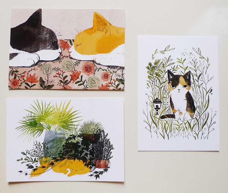 明信片套组-猫与花 - 卡片/明信片 - 纸 绿色