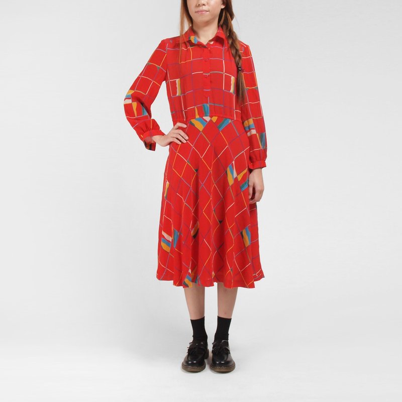 │moderato│复古红格纹古着洋装│复古女孩.伦敦.文艺.小清新 - 洋装/连衣裙 - 其他材质 红色