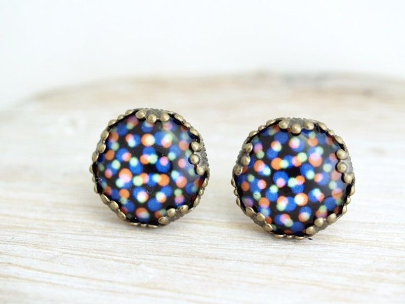 ♥订做小礼物♥ OldNew Lady-古铜色花边耳环-电音派对【黑底小彩点】 - 耳环/耳夹 - 玻璃 黑色