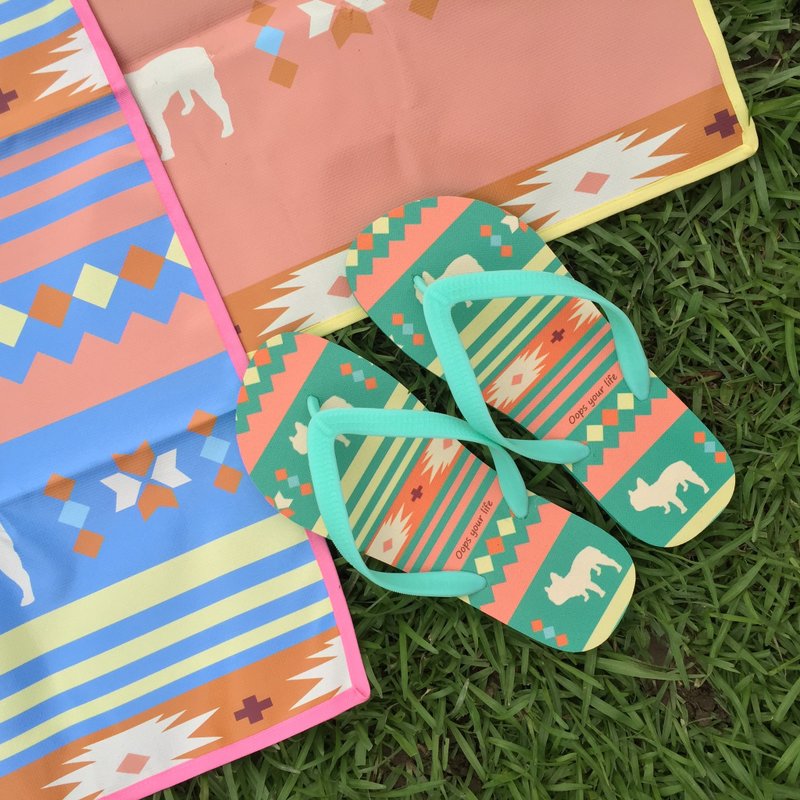 Oops 夏日限定 法斗x轻民族风图腾夹脚拖鞋 （草地绿现货男生27cm）-白色情人节礼物- - 女款休闲鞋 - 塑料 绿色