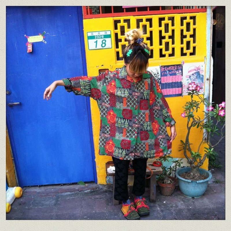 拼布图案印花衬衫!!脱臼! !古着!! - 女装衬衫 - 其他材质 多色