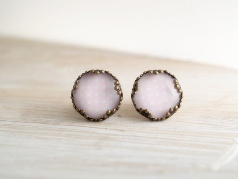 ♥订做小礼物♥ OldNew Lady-古铜色花边耳环-点点款【浪漫粉红】 - 耳环/耳夹 - 玻璃 粉红色