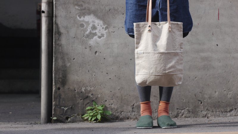 【ＰＹ】麻布牛皮背带托特包 - 侧背包/斜挎包 - 真皮 卡其色