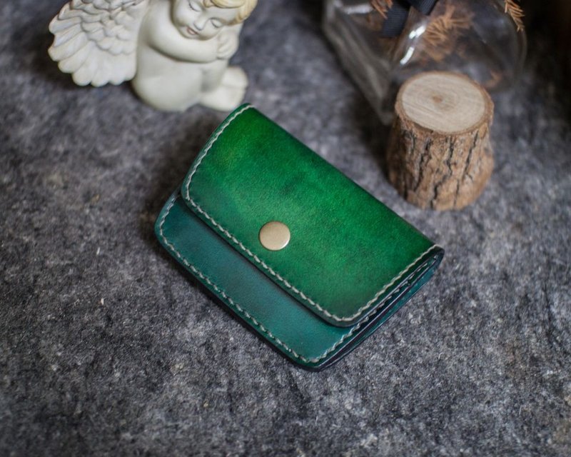 皮件 手工皮革 玩色系 零钱包+前一卡层 (绿色) - 零钱包 - 真皮 
