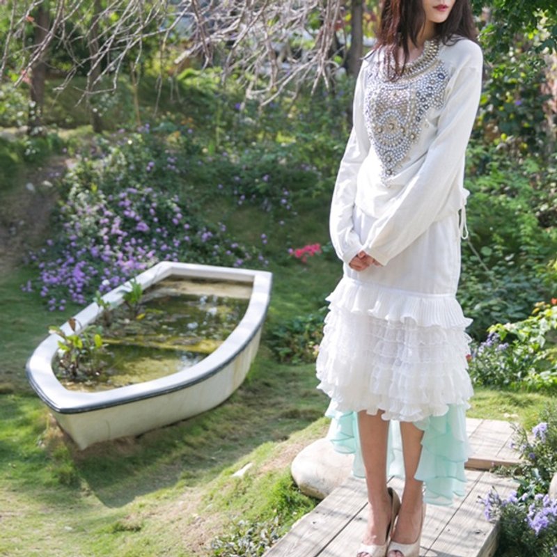 马克的纯粹日常 多层蕾丝后拼接雪纺不规则长裙 - 裙子 - 其他材质 白色