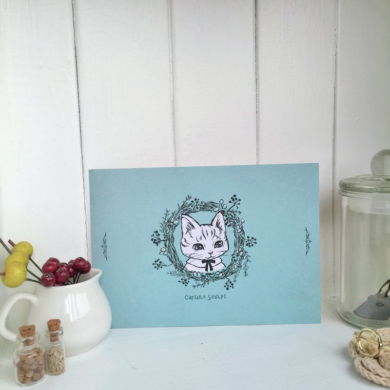 草本菟刻明信片 [插画系列] “猫咪花圈”横式双面 - 卡片/明信片 - 纸 绿色