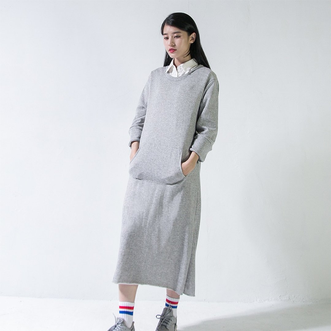 SU:MI said Leisure 不收边连帽洋装_5AF105_麻花灰 - 洋装/连衣裙 - 棉 灰色