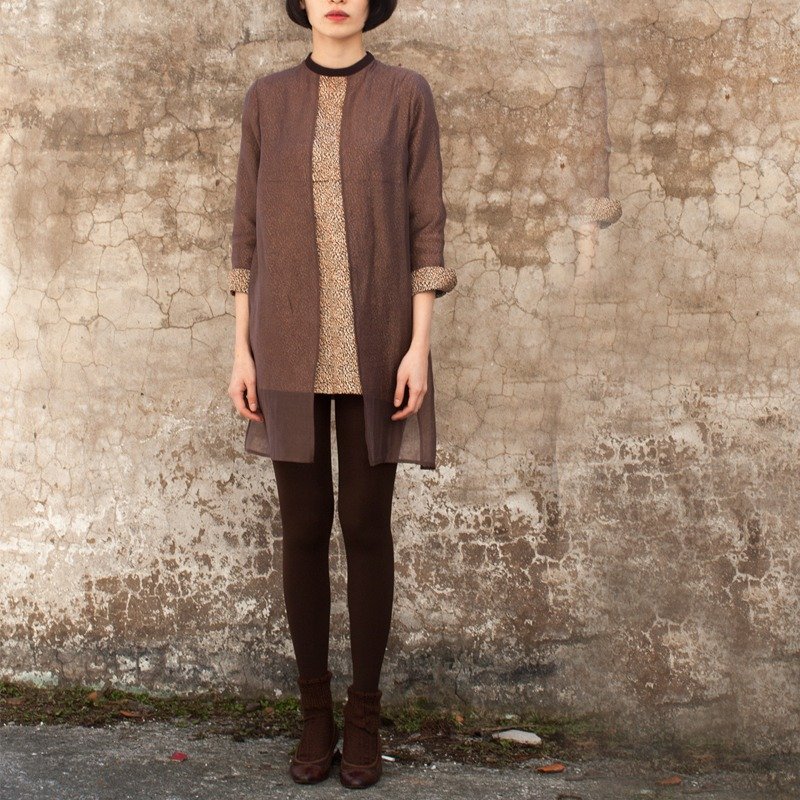 立领开襟衬衫洋装 - 洋装/连衣裙 - 丝．绢 咖啡色