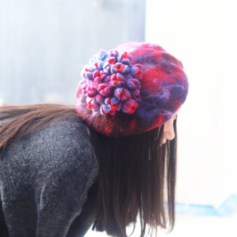 莫奈的睡莲池 monet 紫蓝色莲花池 蓓蕾帽贝雷帽帽子手工羊毛毡 针毡与湿毡 独家 - 帽子 - 羊毛 紫色