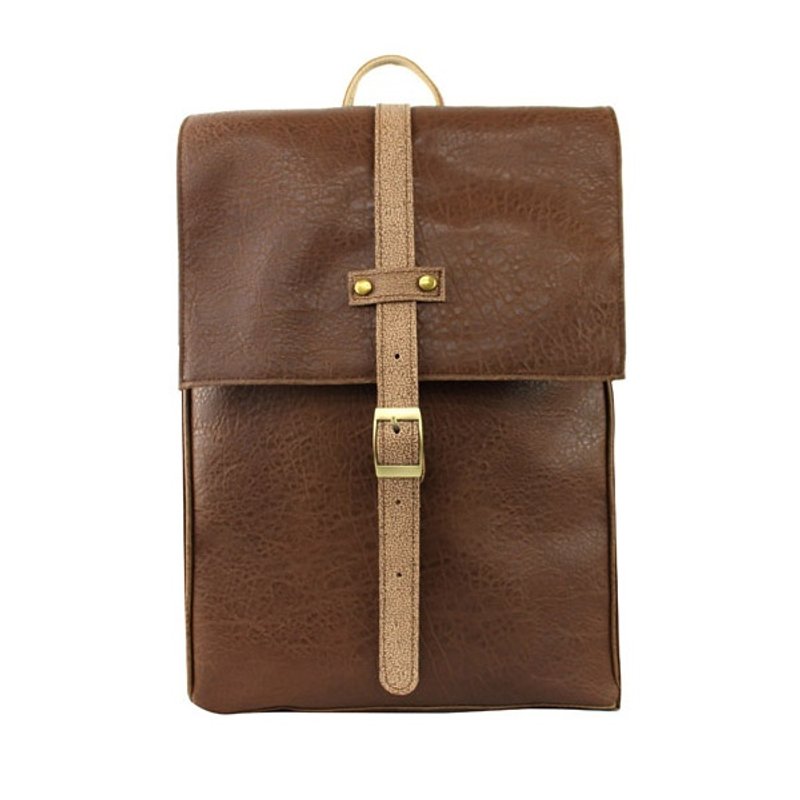 AMINAH-褐色皮革方形小后背包 - 其他 - 真皮 咖啡色