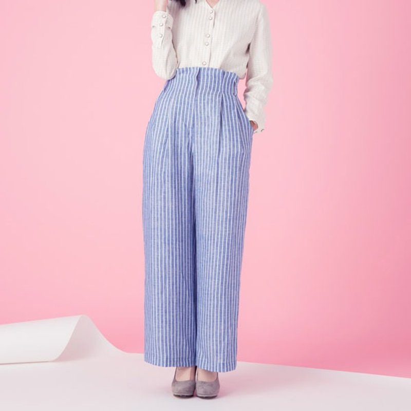 许许儿♪蓝天白云条纹长腿叔叔裤 - 女装长裤 - 其他材质 蓝色