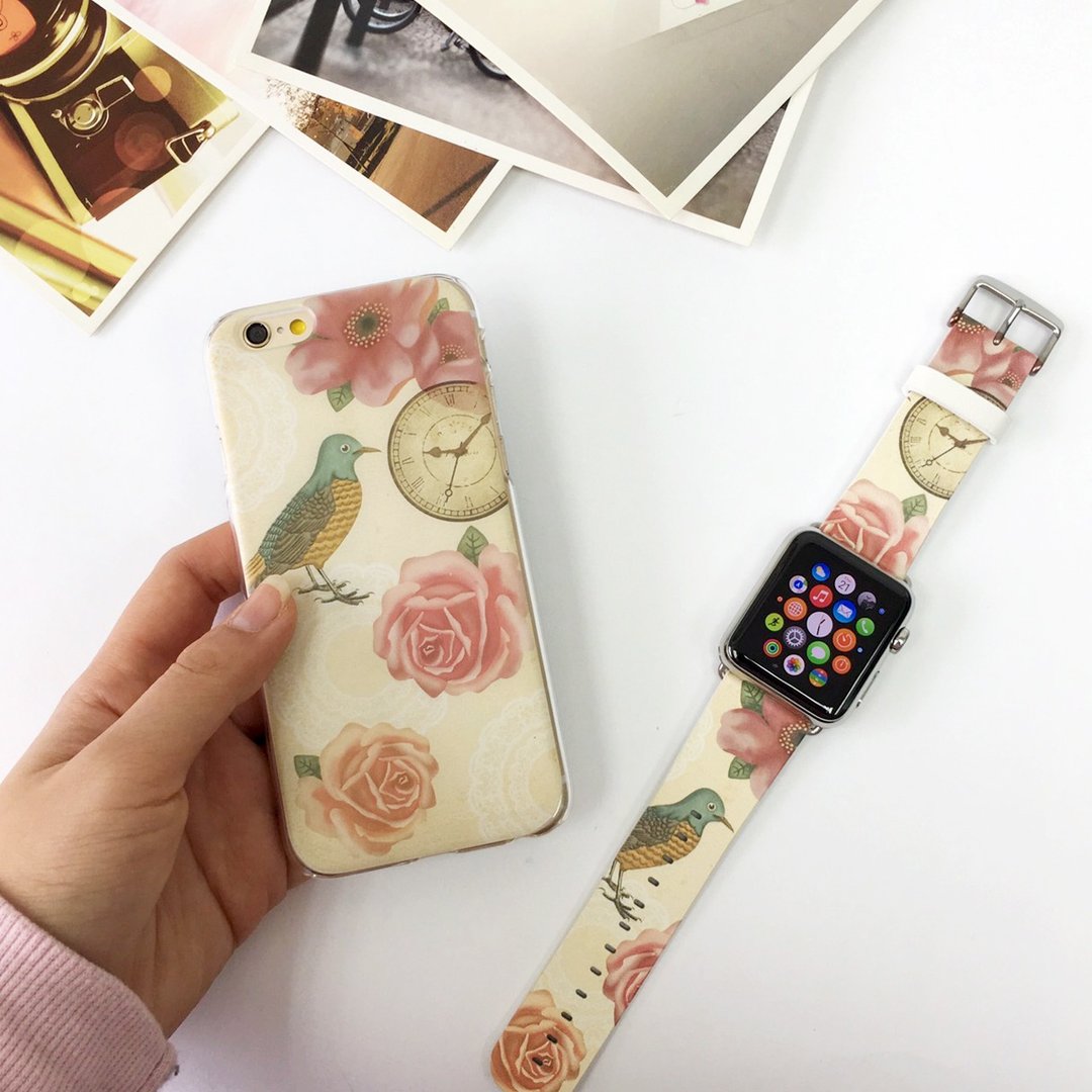 [礼物套装] Apple Watch Series 1 and Series 2 - 复古花卉鸟图案 手机壳 + Apple Watch 真皮手表带 - 其他 - 塑料 