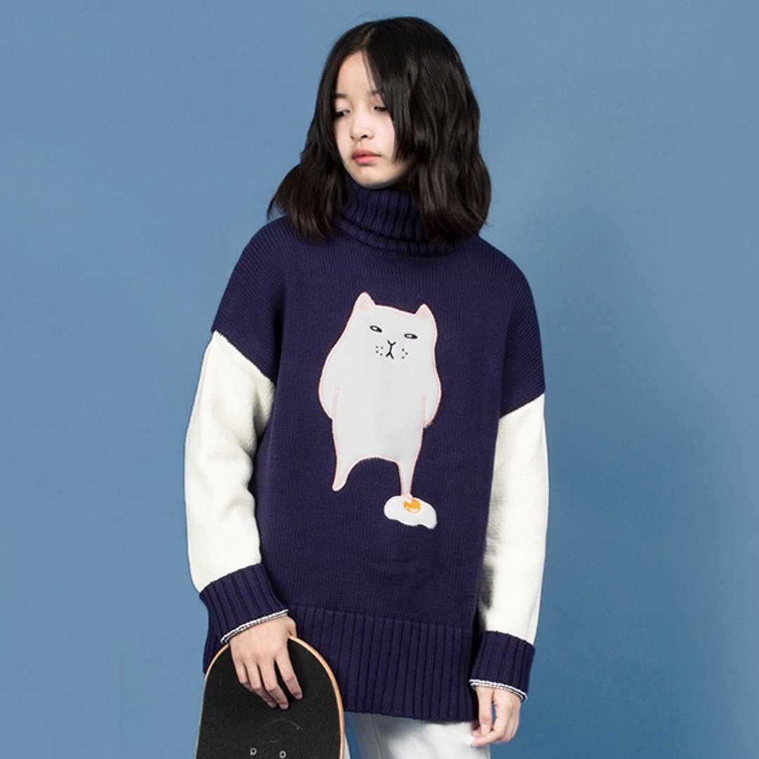 odd maker「贱猫」含棉高领童趣可爱宽松休闲套头毛衣外套 超厚 - 女装针织衫/毛衣 - 其他材质 蓝色