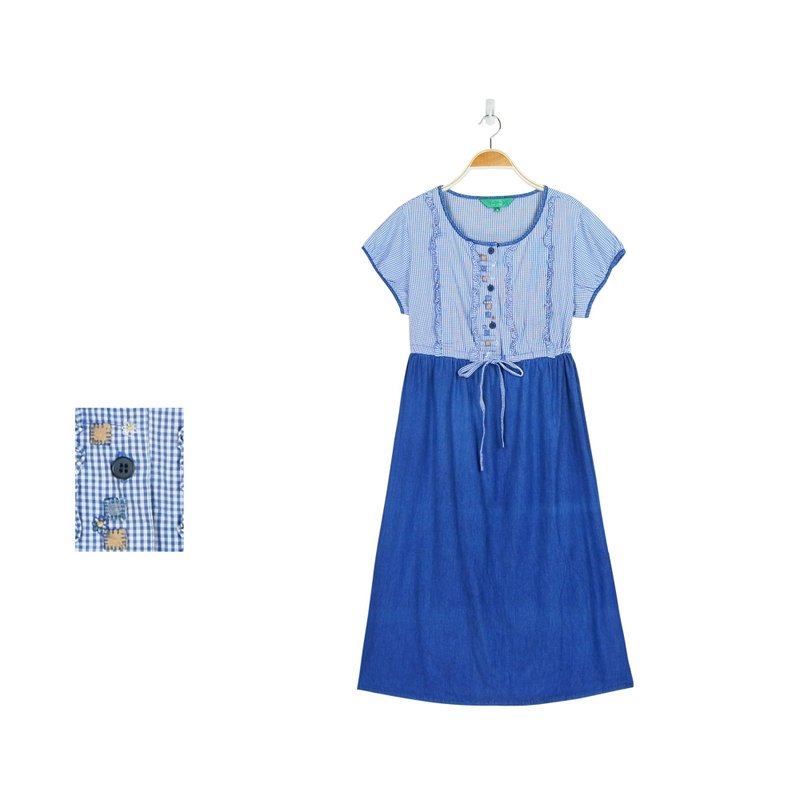 A·PRANK :DOLLY :: 复古着VINTAGE拼接格纹花边刺绣小图公主袖腰抽绳牛仔洋装 - 洋装/连衣裙 - 其他材质 蓝色