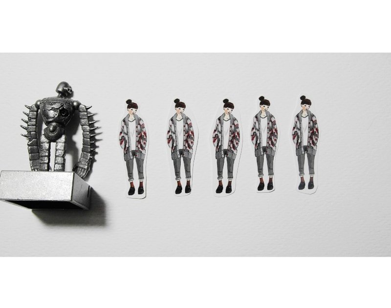 毛线衣女孩,贴纸组(五入) - 贴纸 - 纸 灰色