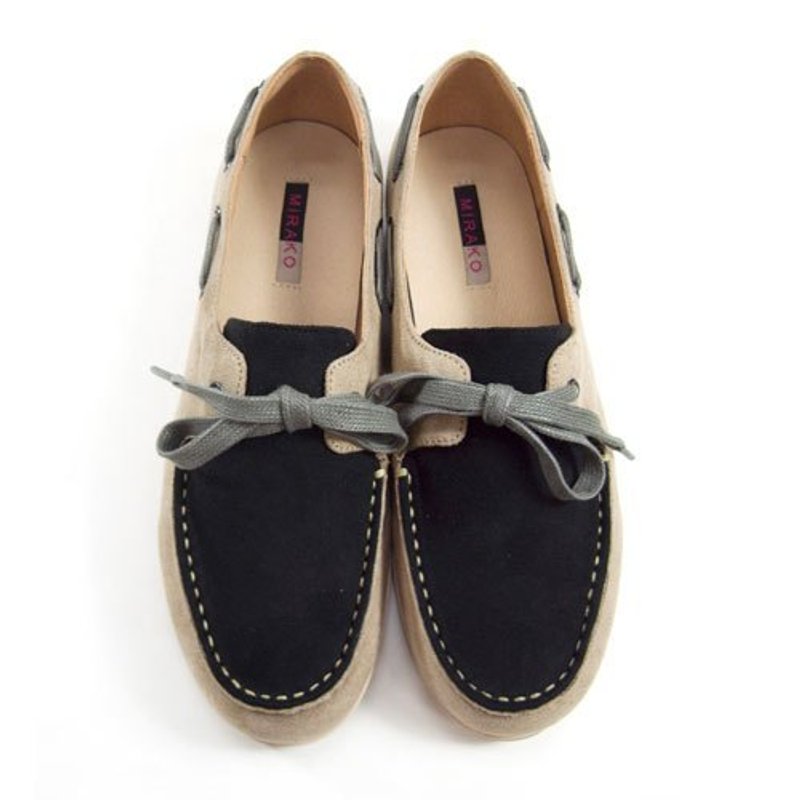 Two Tone Boat Shoes M1106A BlackKhaki - 女款牛津鞋/乐福鞋 - 棉．麻 卡其色