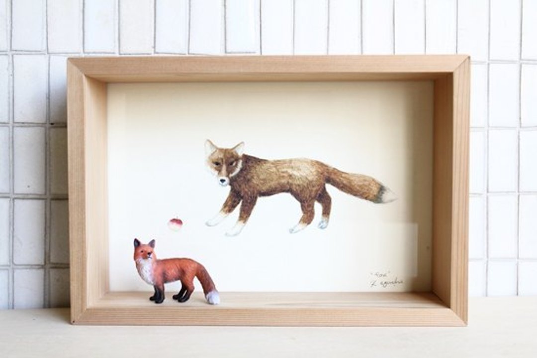 [画,动物 AnimalPaintingCollection]框饰--狐狸/小正方 - 墙贴/壁贴 - 木头 卡其色