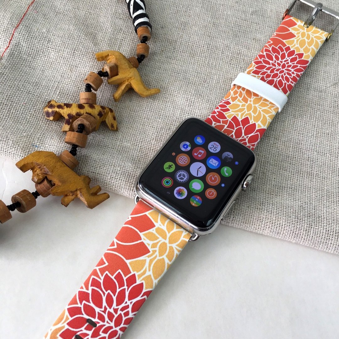 Apple / Samsung Watch 橙红色碎花图案手表带适合任何型号 -25 - 表带 - 真皮 红色