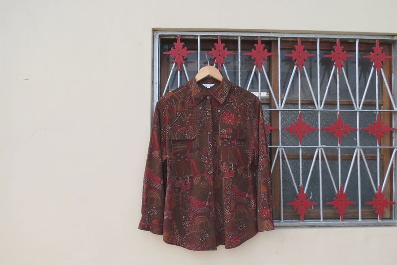 深咖啡图型长袖衬衫 - 女装衬衫 - 其他材质 咖啡色