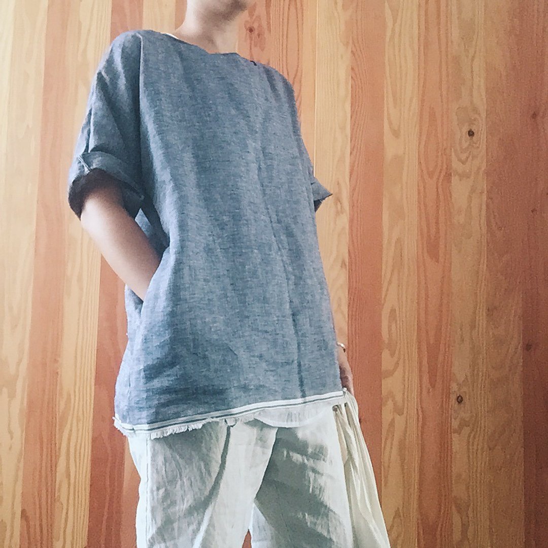 天然手作服 进口百分百纯亚麻牛仔蓝色基本口袋长罩衫上衣 - 女装上衣 - 棉 蓝色
