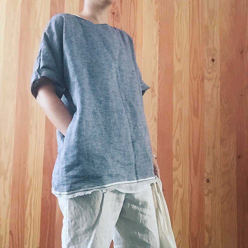 天然手作服 进口百分百纯亚麻牛仔蓝色基本口袋长罩衫上衣 - 女装上衣 - 棉．麻 蓝色