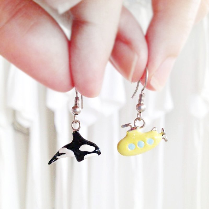 逆戟鲸和黄色潜水艇小耳环 - 耳环/耳夹 - 其他金属 